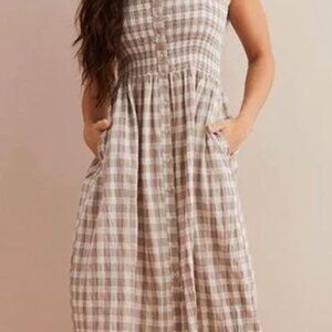 Aerie Beige Gingham Midi Dress with Pockets